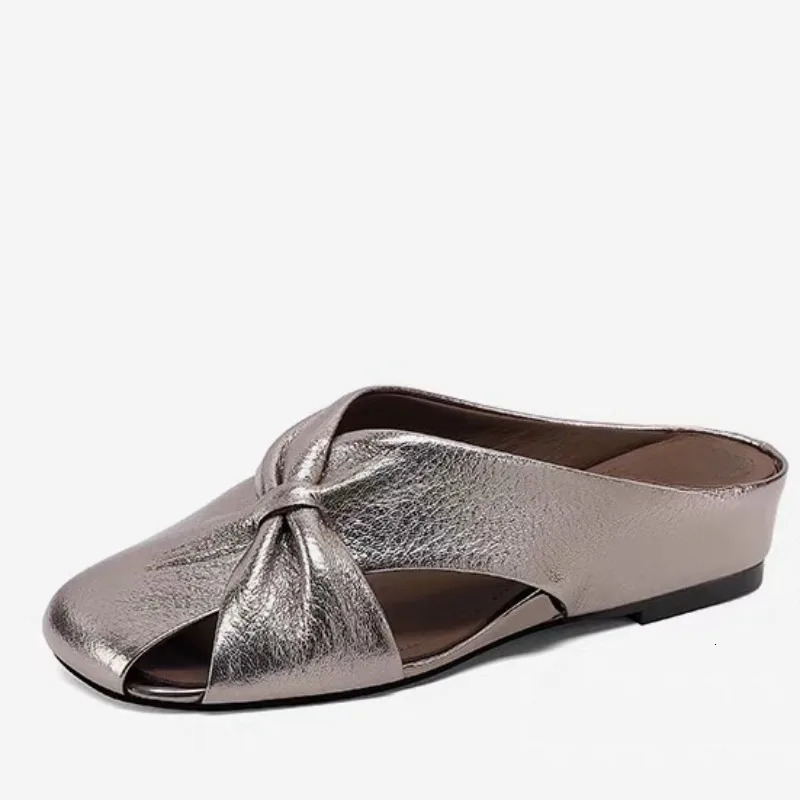 Summer Baotou Hollow Flat Shoes Womens Outer Slippers Fashion Soft Leather No Heel Soft Sole Lazy Half Slippers 250603