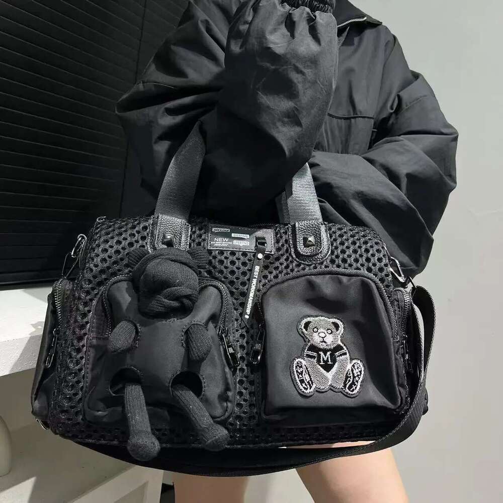 Designer Bag Ladies Fashionable Mesh Splicing Casual Handbag With Multiple Pockets Teddy Bear Doll Single Shoulder Diagonal Cross
