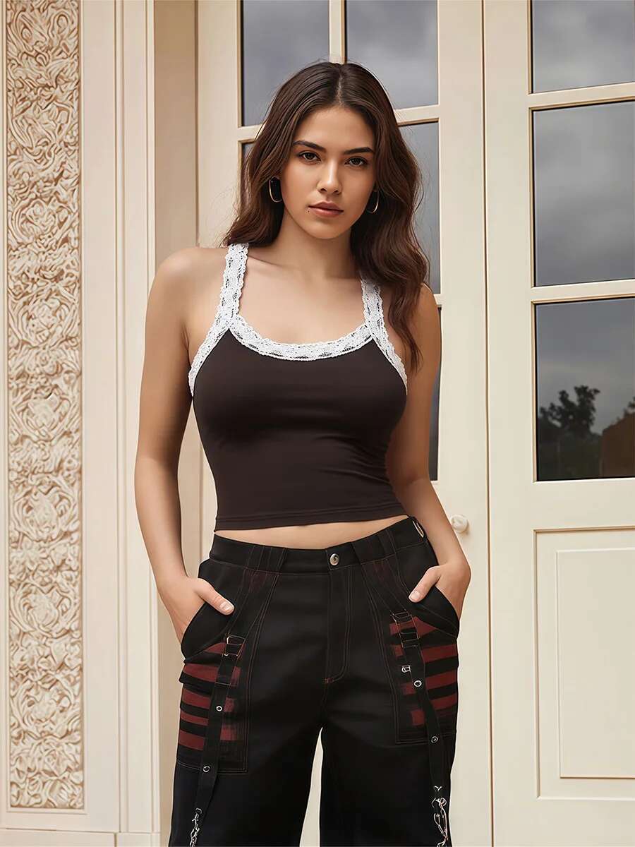 Womens Lace Trim Sleeveless Crop Top with Open Back and Low Cut Design for a Fit Tank Top Look