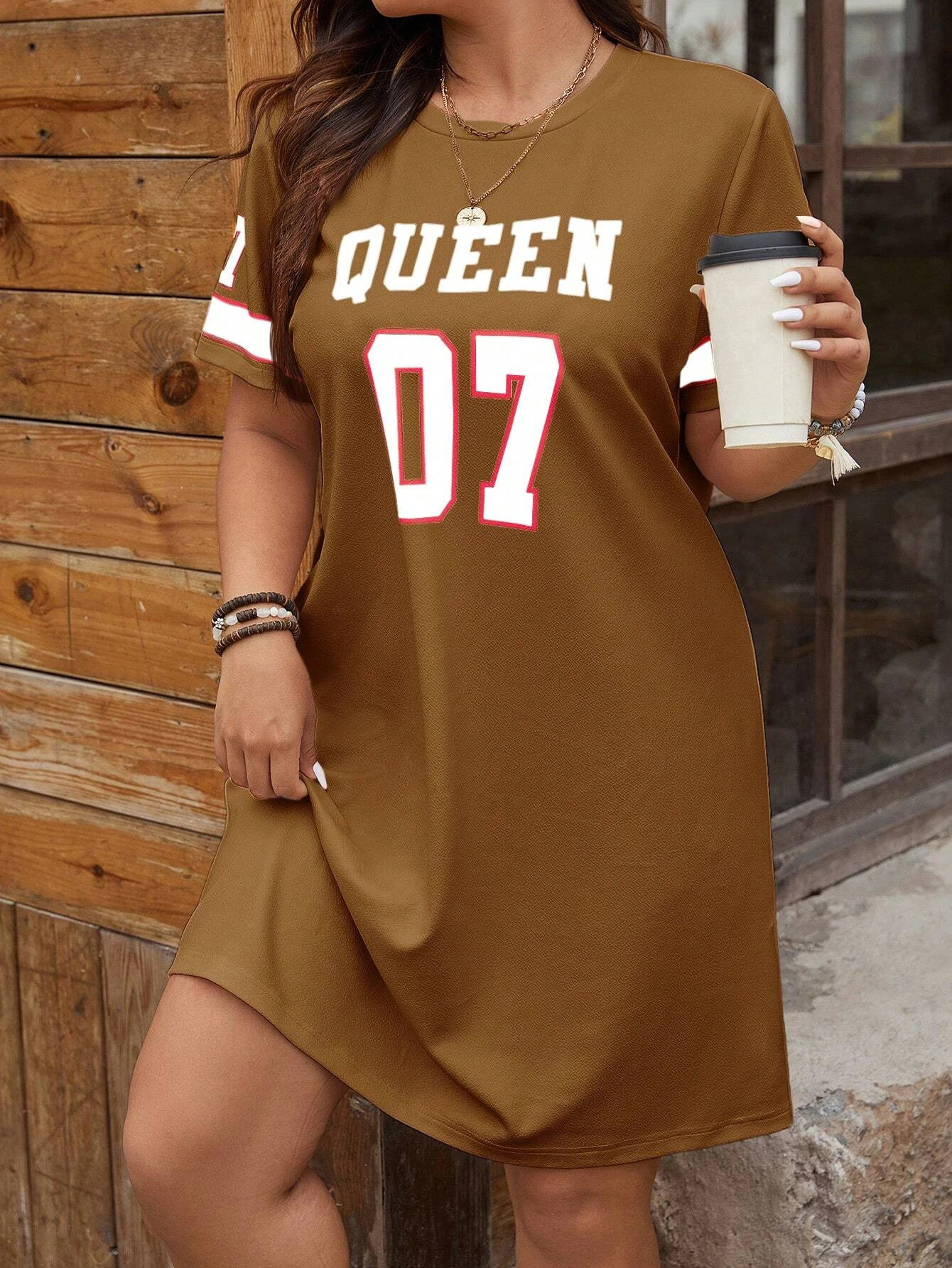 Plus Size Womens Summer Music Festival Pattern Sporty Casual Letter Print Fashionable 07 Printed Jersey Tenniscore Dress 250526