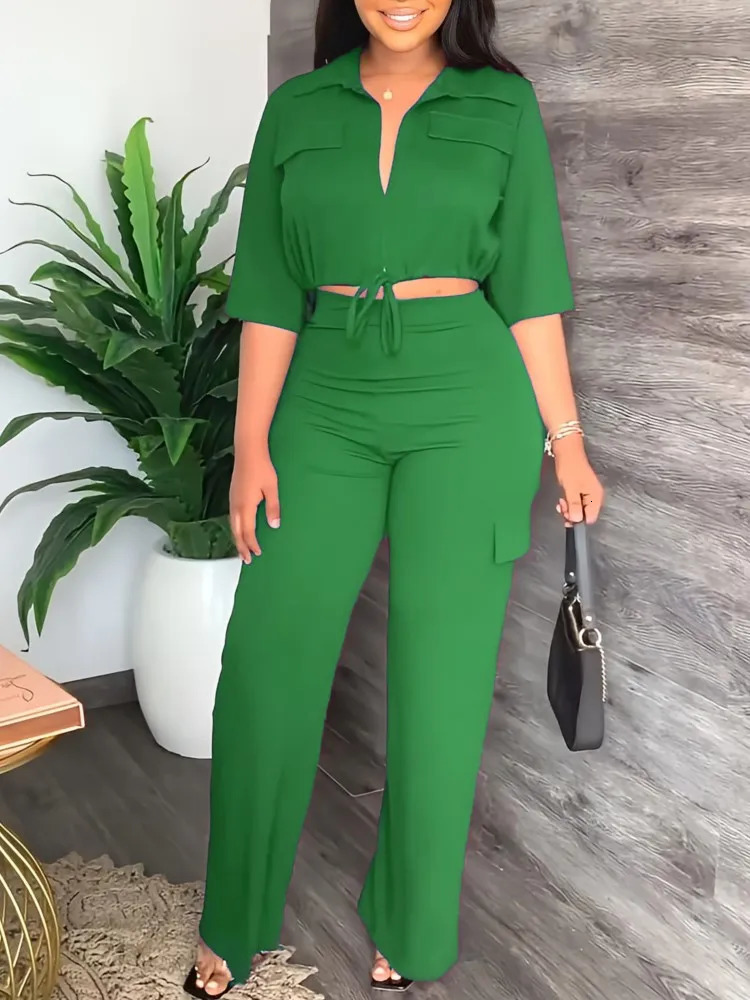 Elegant Office Women Two Piece Sets Autumn V Turn-down Neck Half Sleeve Drawstring Lace Up Short Shirt Wide Leg Trousers Set 250605