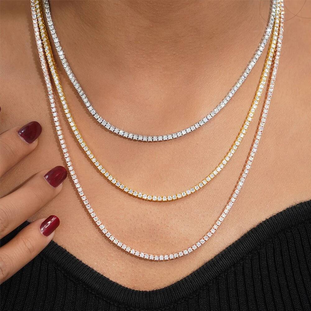 2mm D Color Full Moissanite Tennis Necklace/Bracelet with GRA S Sier Delicate Dia Neck Chain for Women Men Jewelry Gift