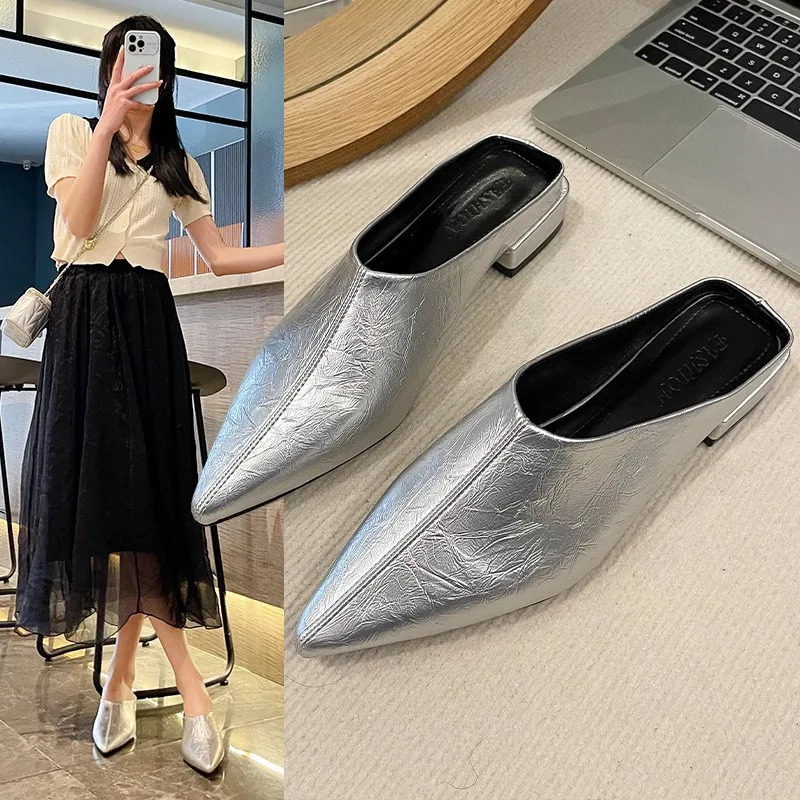 Baotou Half Slippers Womens Outer Wear 2025 Plus Size Pointed Thick Heel Womens Slippers 250603