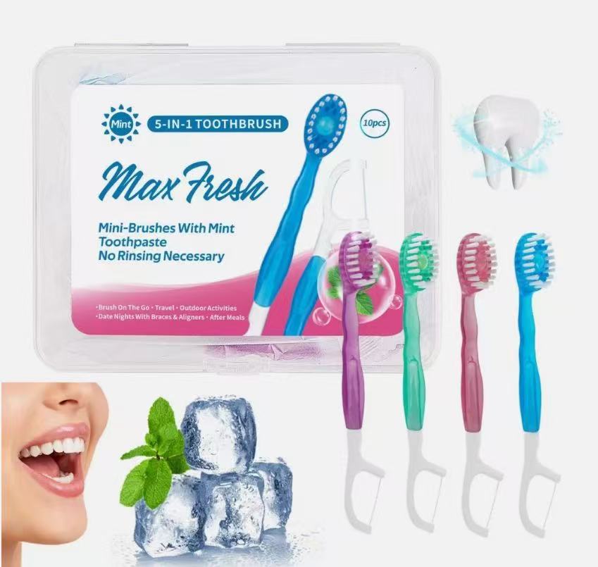 5 in 1 Mini Disposable Double Cleaning Beads Soft Brushes Toothbrushes,with Toothpaste + Tongue Scraper + Picks + Floss,Work or Travel Portable Oral C