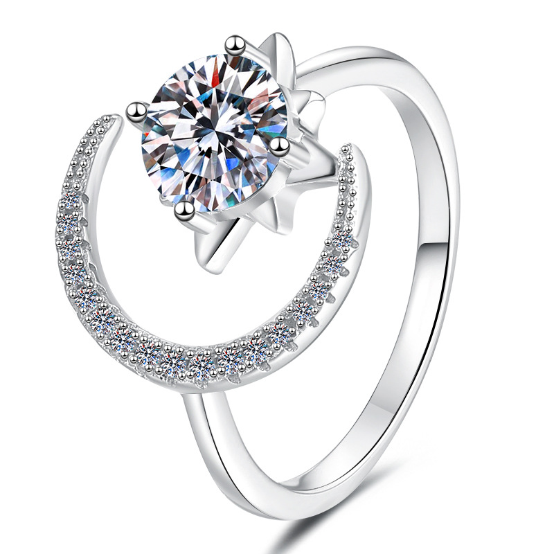 Adjustable Dreamy Star and Moon Moissanite Ring in S925 Sterling Silver, Perfect for Special Occasions, Affordable Luxury Jewelry, Cross-Border Wholes