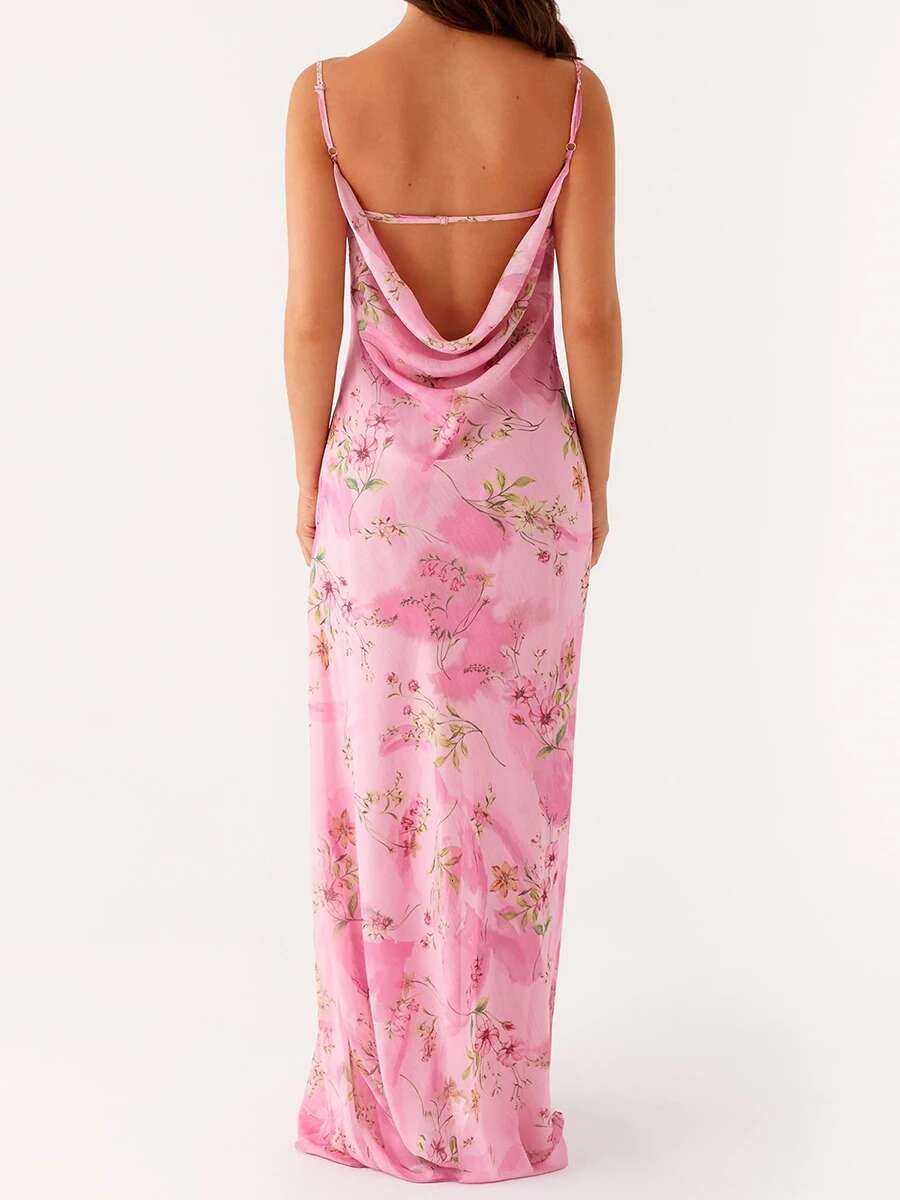 Womens Floral Print Spaghetti Strap Maxi Dress with Sleeveless Open Back Design for Summer Beach Parties and Events