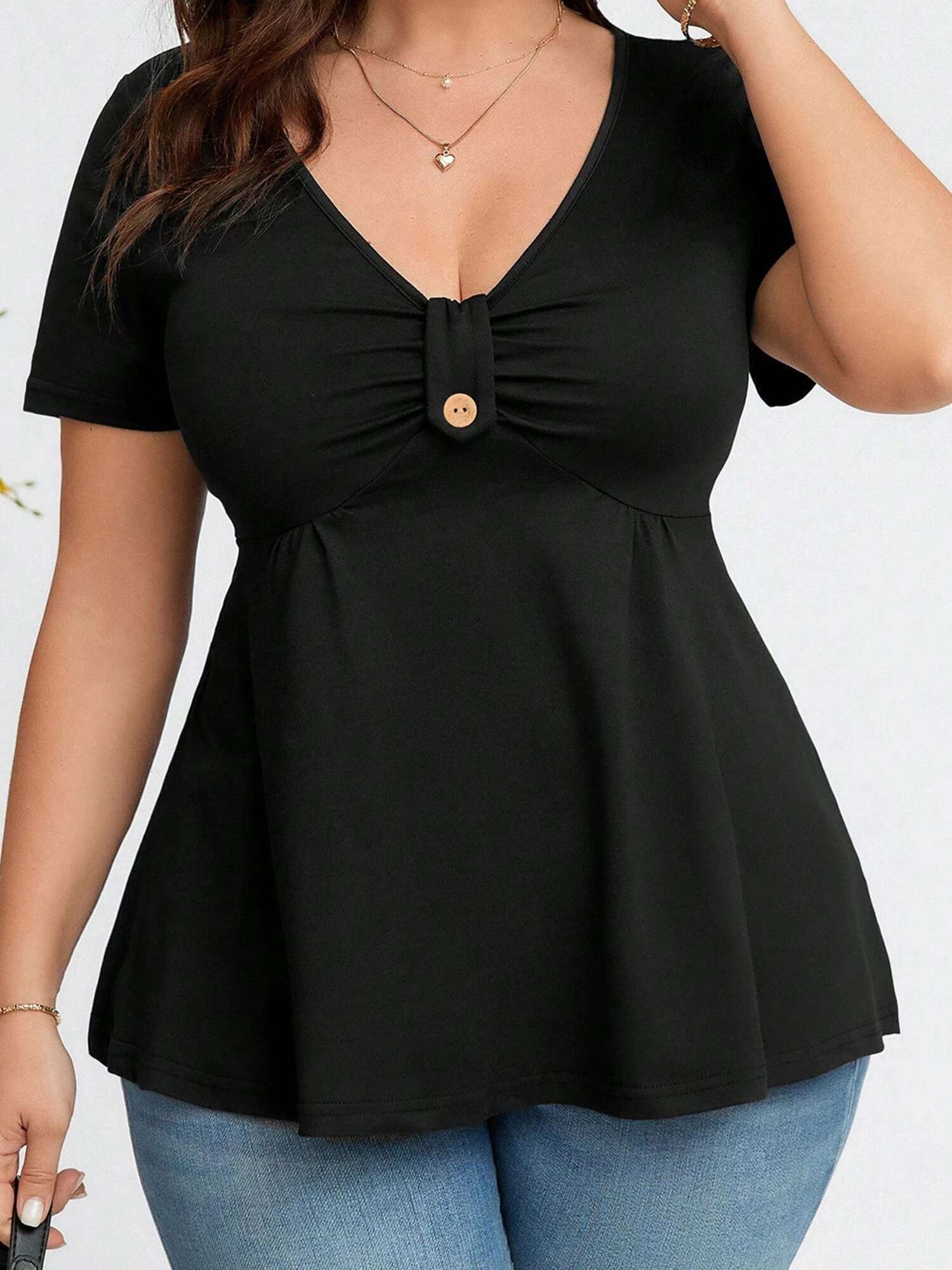 Women Plus Size Babydoll Tops Floral Print Ruched Button v Neck Short Sleeve Ruffle Shirts Casual Summer Streetwear Fashion