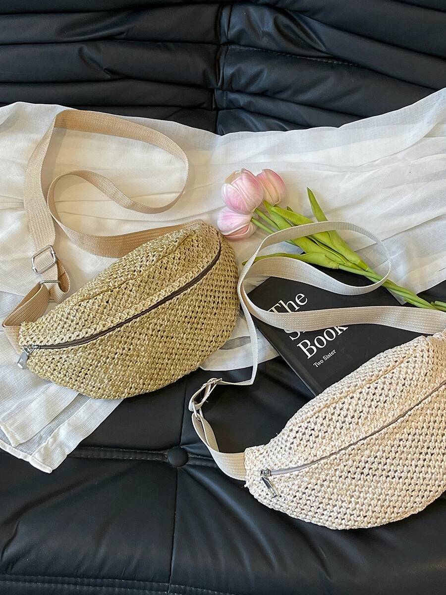 Chest Cross- Body Pouch Sling Travel Imitation Straw Woven Waist Purses Beach Bag