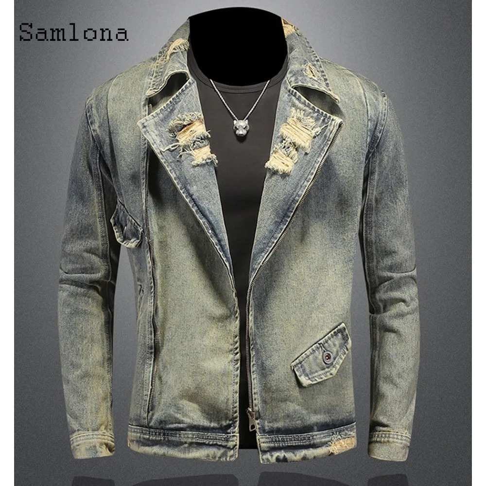 2025 Spring Autumn Motocycle Denim Jackets Men Fashion Ripped Jean Jacket Sexy Mens Notched Zipper Pockets Outerwear 250530