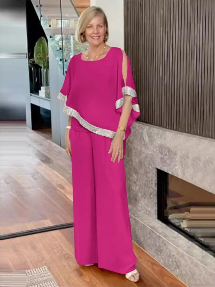 Spring Autumn Set Fashion Round Neck Shining Color Blocked Bat Shirt Sexy Off Shoulder Wide Leg Pants Three Piece 250605