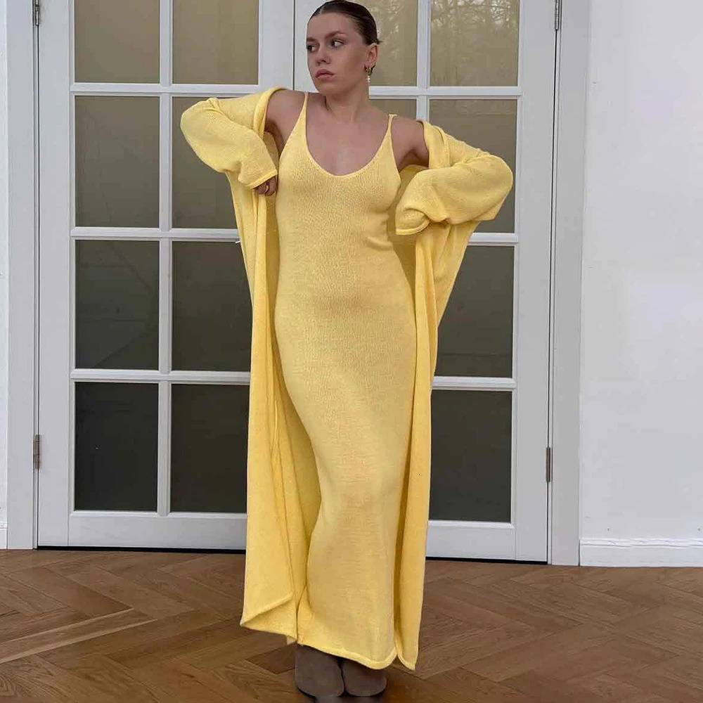 Tuularose Womens Long Dress 3 Piece Solid Knitted Camisole Dress Long Sleeve Cardigan Set Casual Fashion Womens Dress Sets 250605