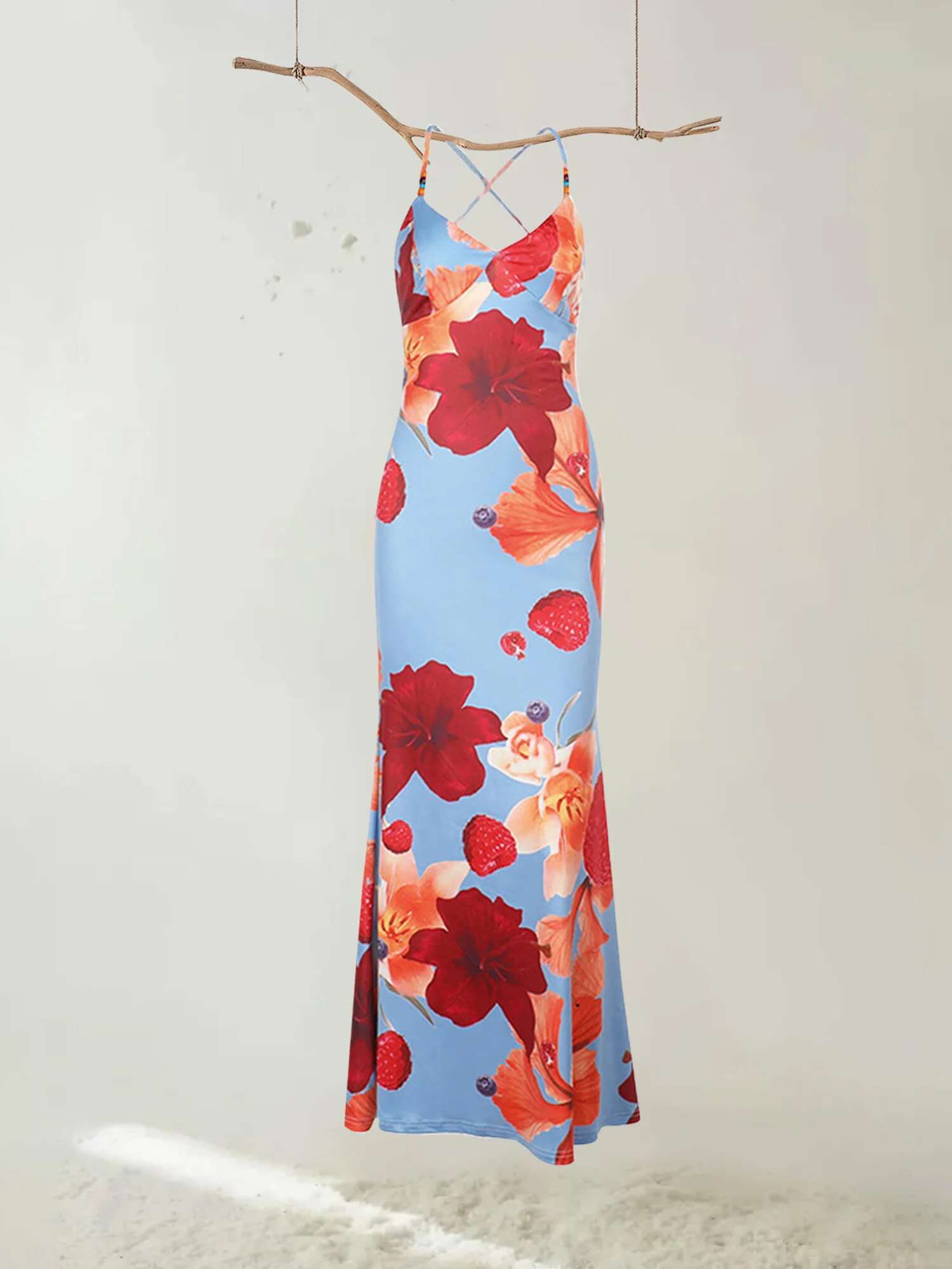 Elegant Womens Sleeveless Floral Print V-neck Cami Dress with Spaghetti Straps and Back Cross Detail for a Fit