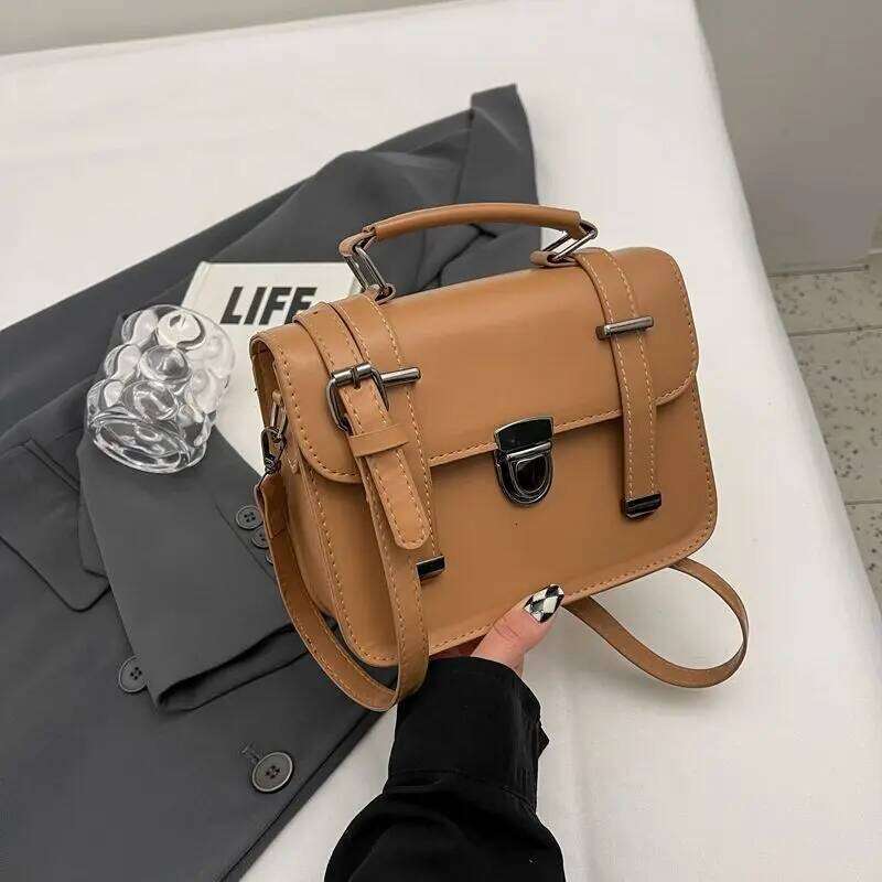 Girls Hundred Retro Small Square Bag Female Students Simple Crossbody College Style Shoulder Handbag Metal Lock Buckle Decoratio