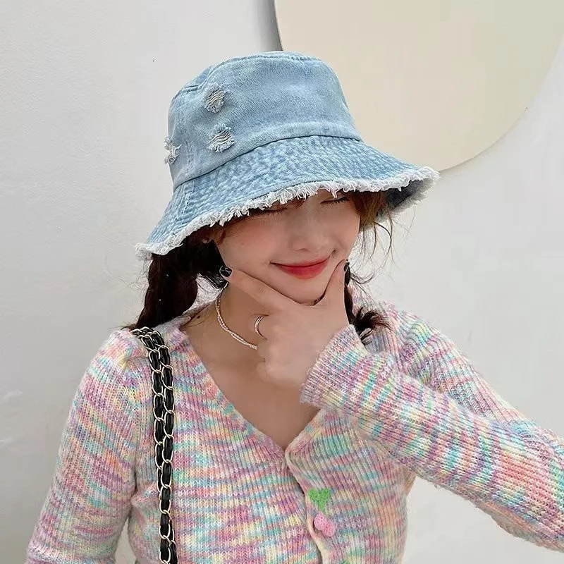 RICYGVM Japanese Retro Washed Denim Fisherman Hat for Women Sunshade Visors Fashion Wide Brim Bucket Cap Hip Hop Holes Basin Hat 250605