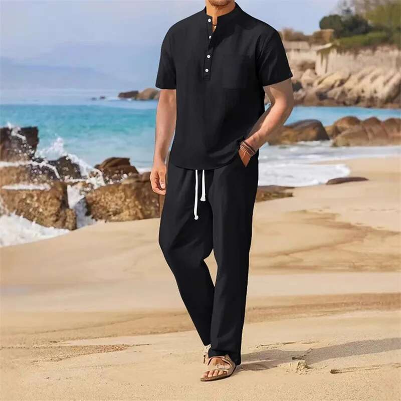 Mens Casual 2 Piece Outfit Short Sleeve Henley Tops with Drawstring Pants Loose Solid Color Set for a Stylish Look