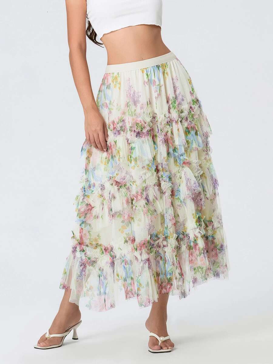 Womens Boho Chic Maxi Skirt with Vintage Floral Print Elastic Waistband and Flowy A-line Silhouette for Vacation Date