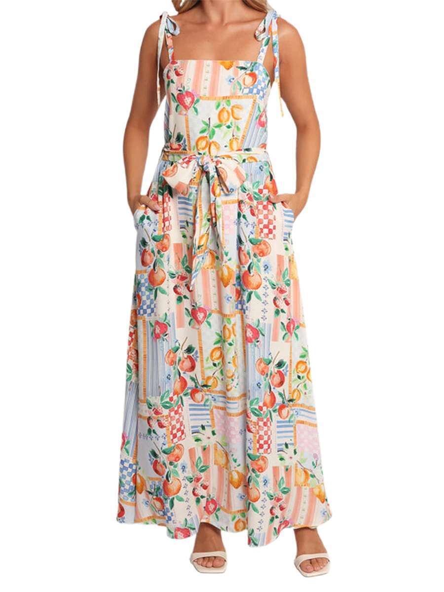 Womens Floral Print Sleeveless Maxi Dress with V-neckline and Adjustable Spaghetti Straps for Summer Beach Wedding Party