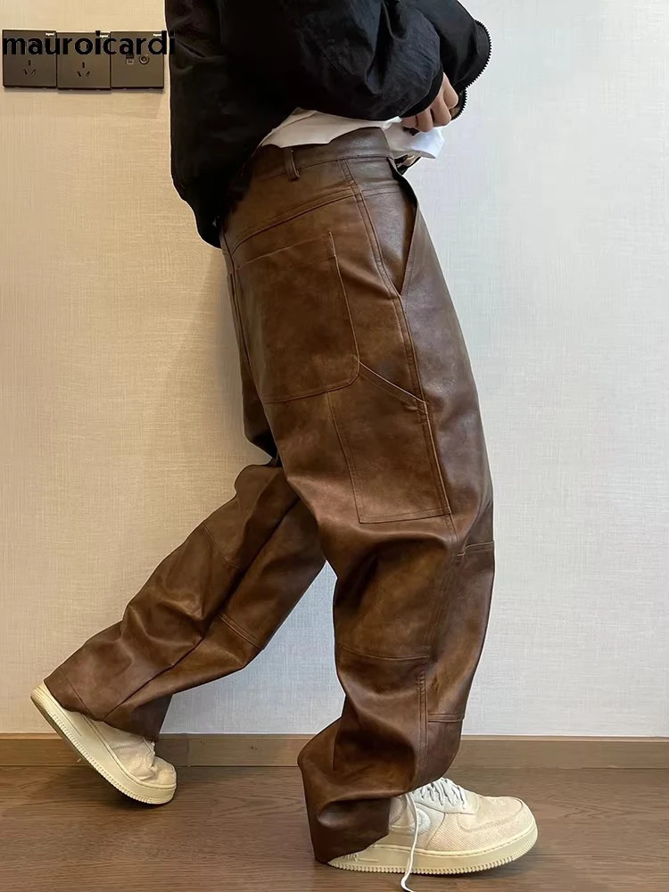 Mauroicardi Autumn Long Retro Cool Baggy Distressed Washed Brown Soft Pu Leather Wide Leg Pants for Men Clothes 250606
