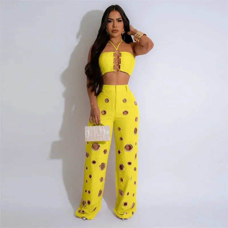 Sexy Night Party 2 Piece Sets Women Outfit Clubwear Festival Clothing Halter Strapless Crop Top and Hollow Out Wide Leg Pants 250605