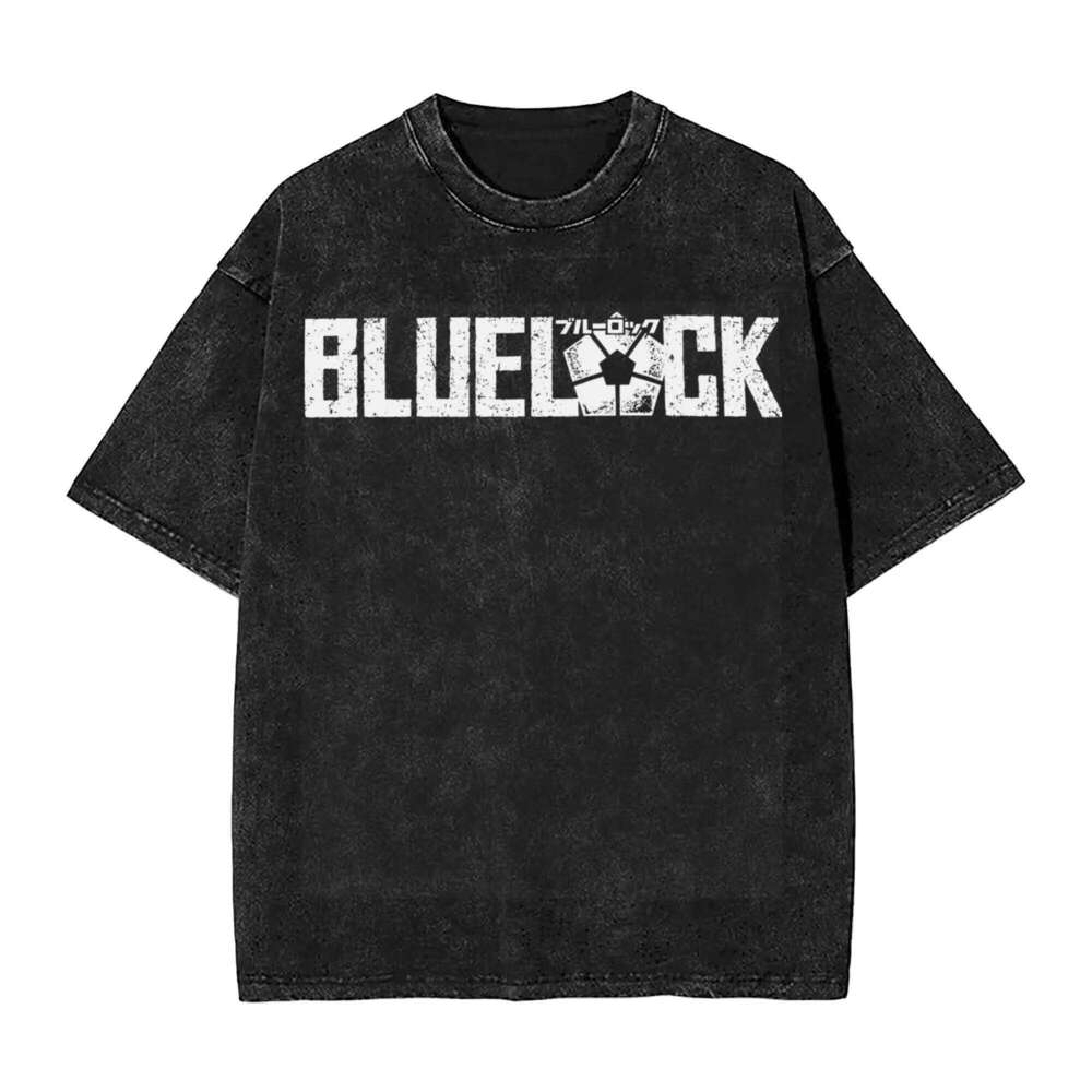 Blue Lock Washed T Shirt Streetwear Hip Hop Vintage T-Shirts Tees Tops Men Women Short Sleeve High Street Graphic Printed