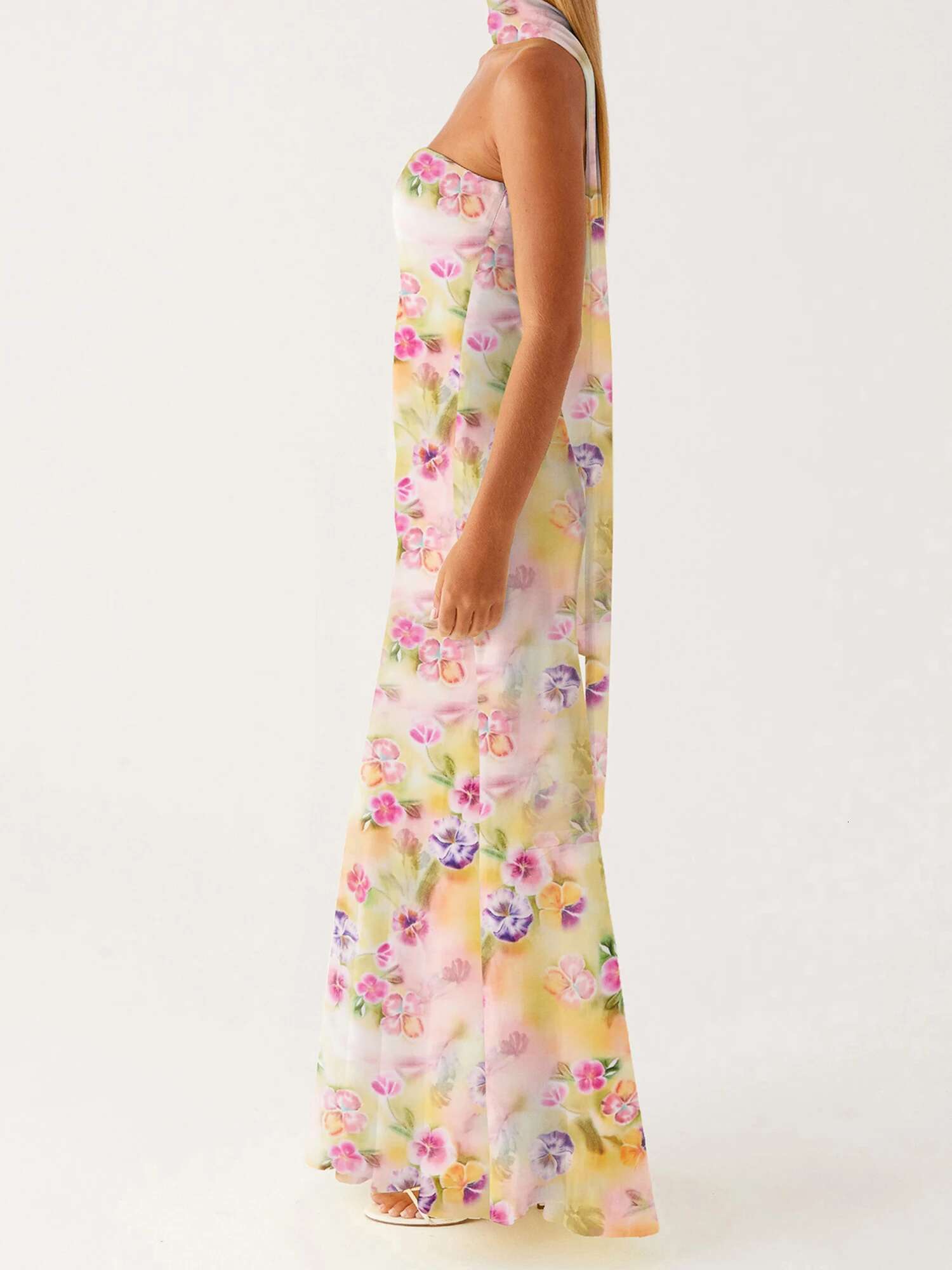 Elegant Floral Print Strapless Maxi Dress with Ruffle Detail and Matching Headscarf for Women