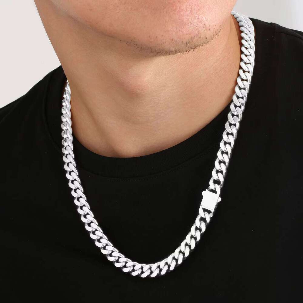 10mm Necklace Pure Sier Electroplated 316L Stainless Steel Matte HipHop Jewelry Unisex Miami Cuban Chain