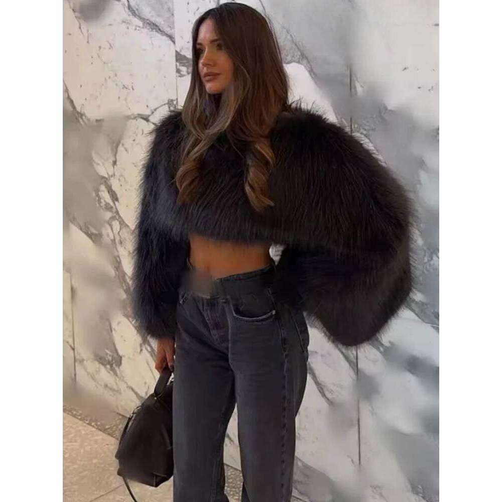 ZBZA Women Warm Faux Fur Sweatshirts Thick Retro Round Neck Long Sleeve Solid Casual Loose Cropped Winter Chic Pullover