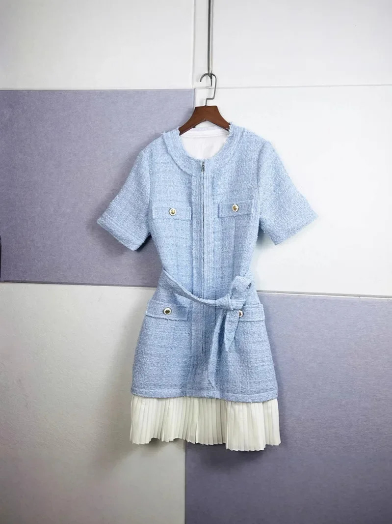 Women Tweed Splice Mini Dress Pleated Lace-up Zipper Fresh Short Sleeve Spring Summer Lady Robe 250603