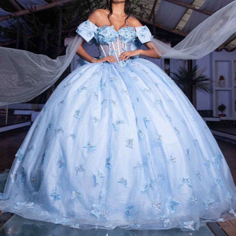 Sky Blue Shiny Quinceanera Dresses Ball Gown Off The Shoulder Bow Beads Tull Corset Sweet 16 Dress Vestidos 15 De Anos