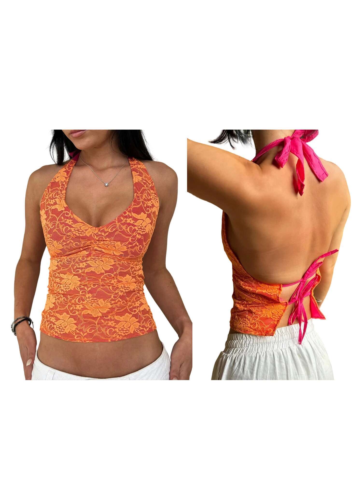 Elegant Lace Halter Top with Deep V-neck and Backless Design Sleeveless Fit Vest for Womens Streetwear Fashion