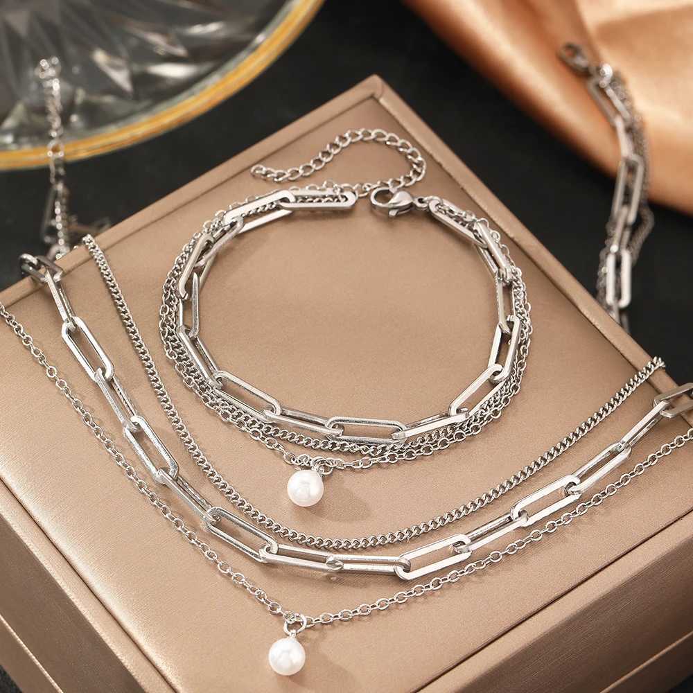 Stainless Steel Jewelry Set Elegant Delicate Pearl Pendant Jewelry Set Luxury Multi-Layer Chain Jewelry Set For Women Jewelry Z250607