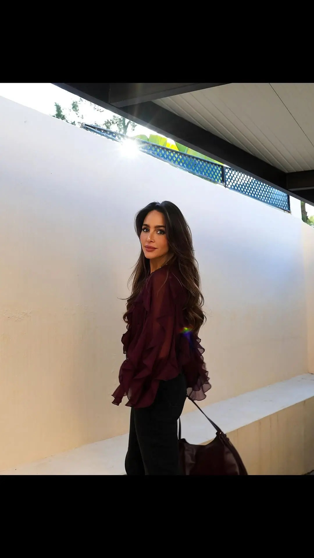 YENKYE 2025 Women Sexy Semi-sheer Ruffle Shirt Long Sleeve V Neck Front Button Spring Blouse Burgundy Blusas Mujer 250606