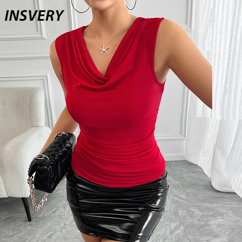 Elegant Temperament Tank Top Female V Neck Sleeveless T-Shirts For Women Fashion Slim Vest Red Black Tops 250605