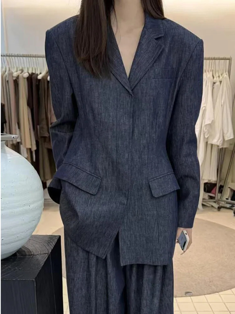 KWTX Summer Denim Linen Blazer Pants Set Womens Two Piece Outfit Hidden Button Office Chic Wide Leg Suit Spring Streetwear 250603