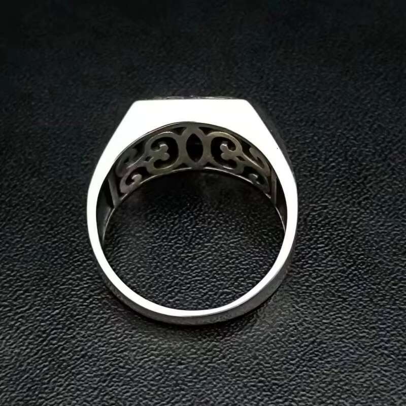 BOCAI Fashion S925 Sterling Silver Punk Style Ring Natural Black Agate Rectangle Ethnic Style Exquisite Gift Parties Men Ring