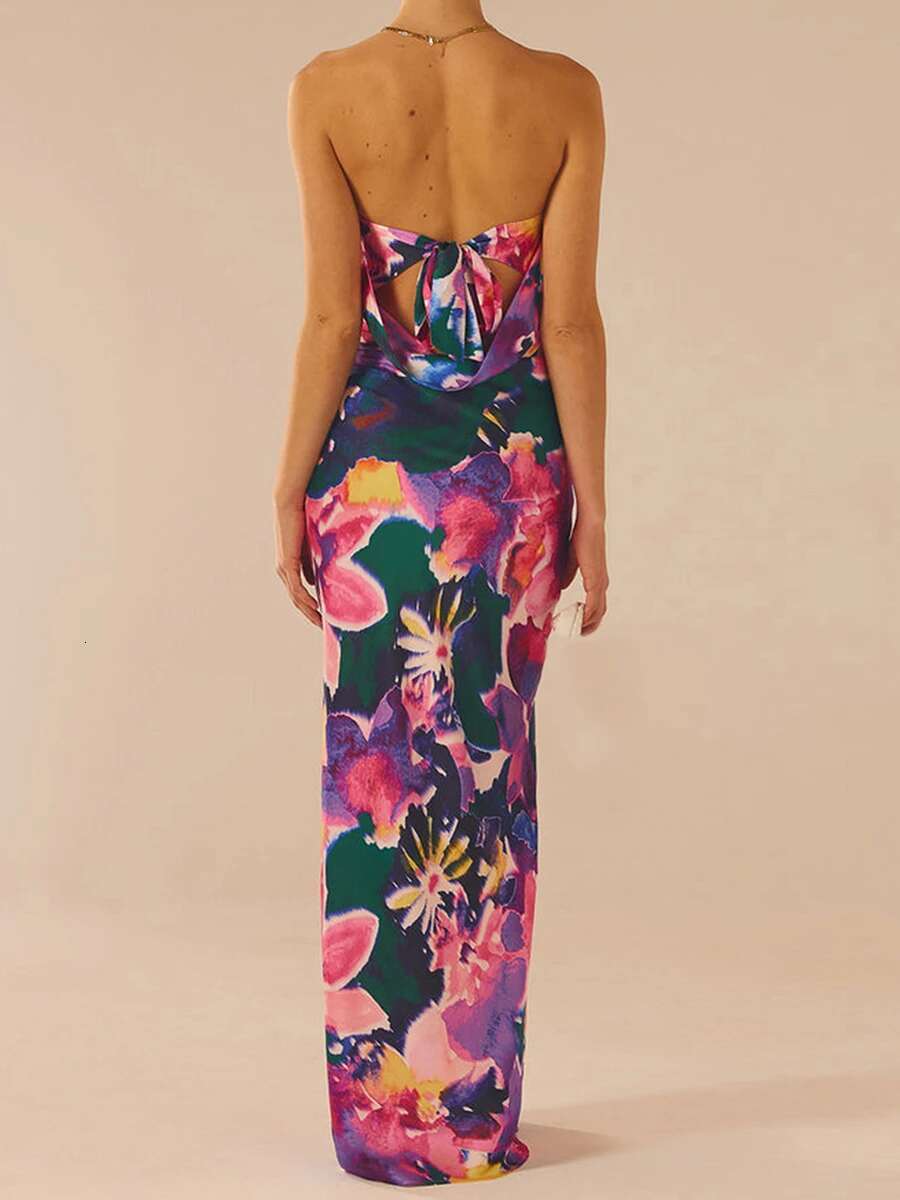 Elegant Off-shoulder Maxi Dress with Boho Floral Print and Lace-up Back Detail for Summer Wedding or Vacation Beach Party Wear