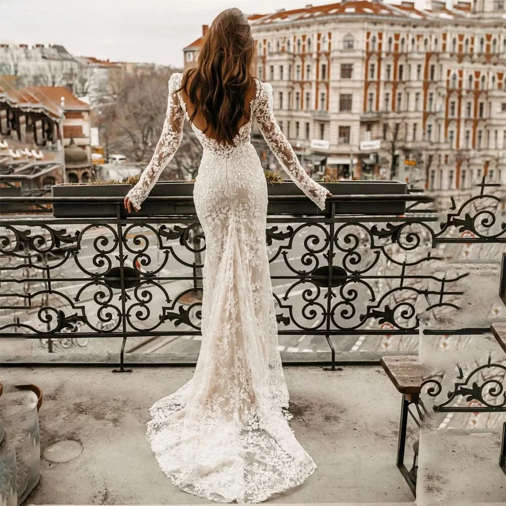 Lace Mermaid Wedding Dresses Long Sleeve Backless Bohemian Bridal Gown 2025 Elegant Beach Bride Wear Custom Made