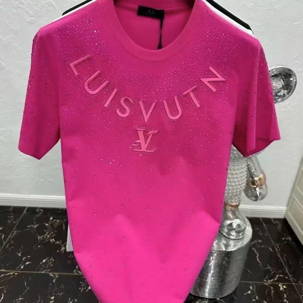 Designer Clothing Summer Men's Oversized Short Sleeve T-Shirt | Heavy Craft Letter Embroidery & Rhinestone Graphic Tee