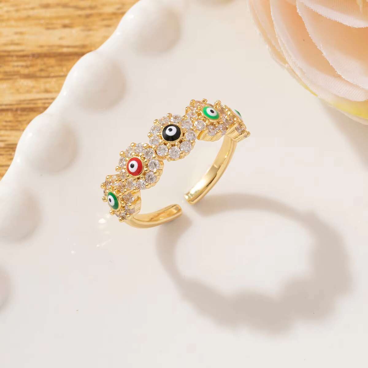 Laboratory cultured diamond ring; Unique multi-colored evil eye ring; 925 silver 18K gold open adjustable ring; Jewelry
