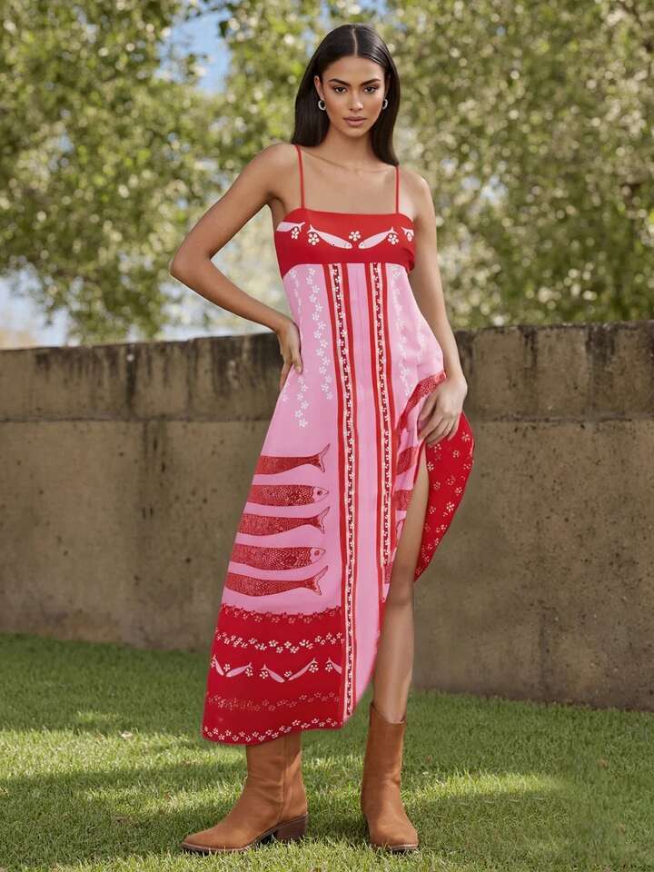 Womens Sleeveless Maxi Dress with Tropical Fish Print Spaghetti Strap Cami Dress for Summer Fashion and Casual Wear