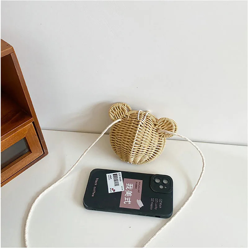 Korean Style Children Cute Single Shoulder Crossbody Bag Girls Messenger Kids Rattan Weaving Bear Head Bag 250605