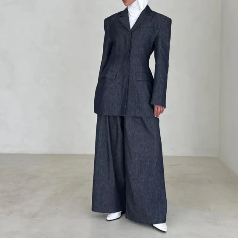 KWTX Summer Denim Linen Blazer Pants Set Womens Two Piece Outfit Hidden Button Office Chic Wide Leg Suit Spring Streetwear 250603