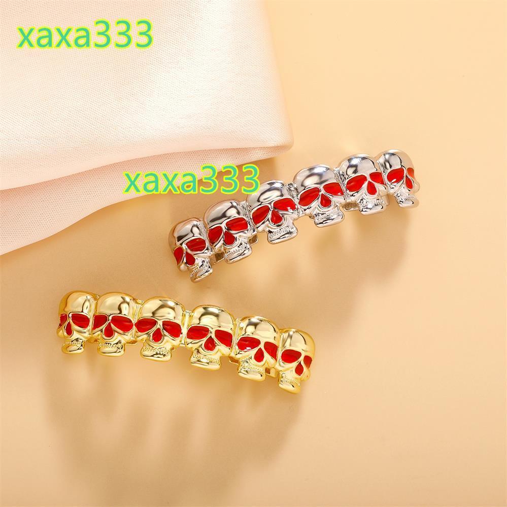 Factory Stock Wholesale Halloween Braces Jewelry Silver Gold Metal Color Plating Iced Out Brass Red Eye Skull Hip Hop Grillz