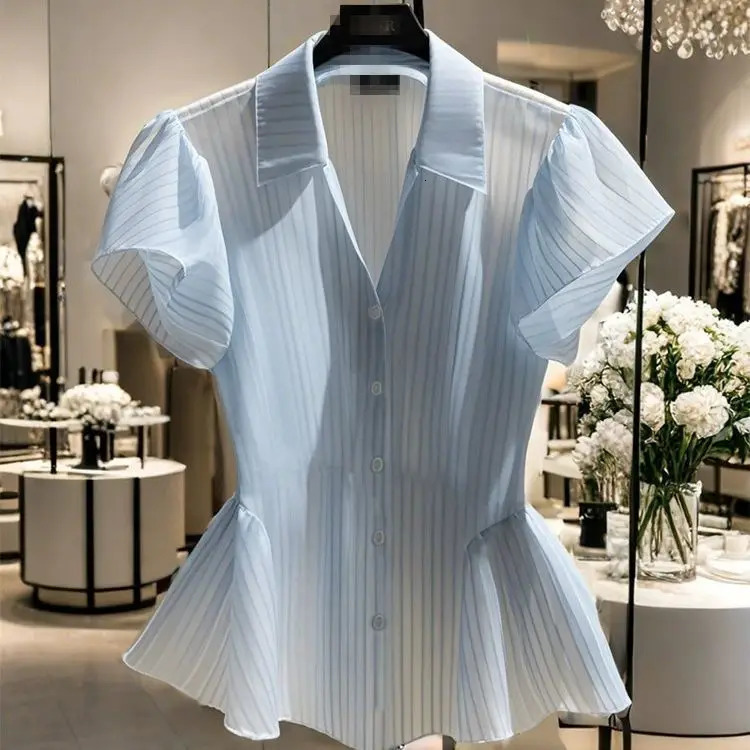 French Style Top for Women Blue Short-sleeved Striped Shirt for Summer 250603