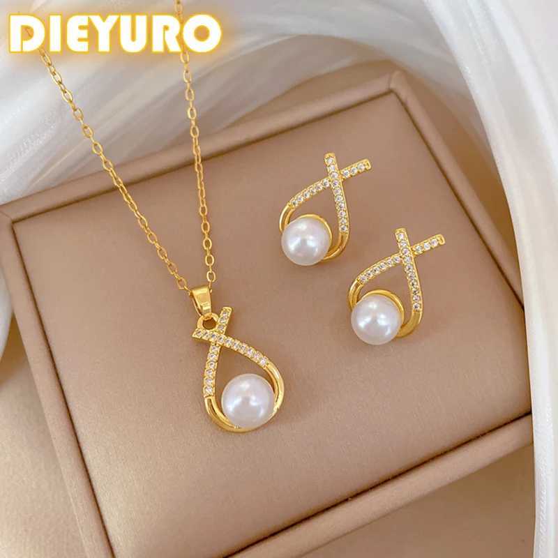 DIEYURO 316L Stainless Steel Elegant Cross Knot Imitation Zircon Pearl Pendant Necklace Earrings Set New Jewelry Gift Z250607