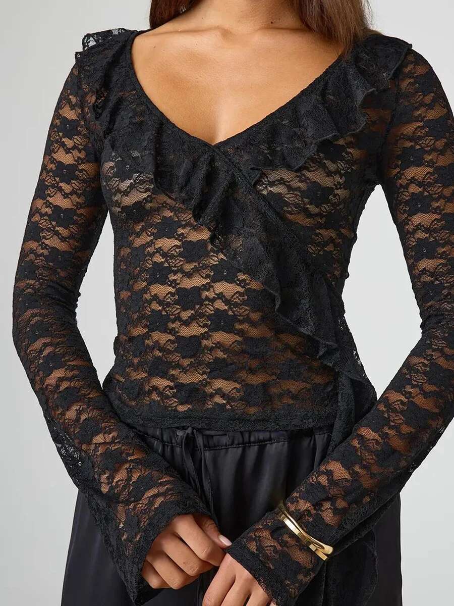 Womens Long Sleeve Lace Trim V-neck T-shirt with Ruffles - Fit Spring and Fall Casual Top for a Stylish Look