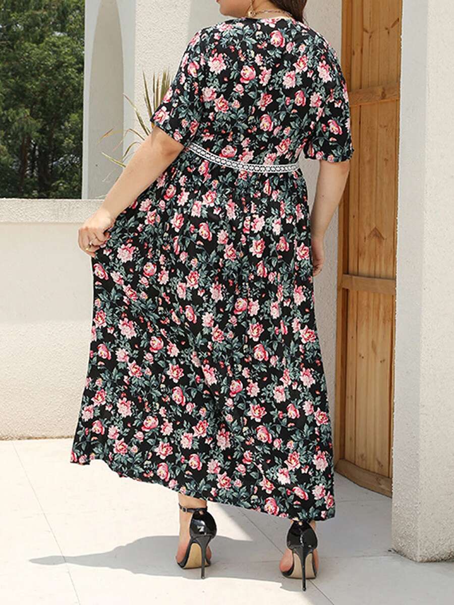 Women Plus Size Dress Boho Style Sleeveless Maxi Dress with Floral Print V-neckline for Summer Beach Holiday Casual Wear