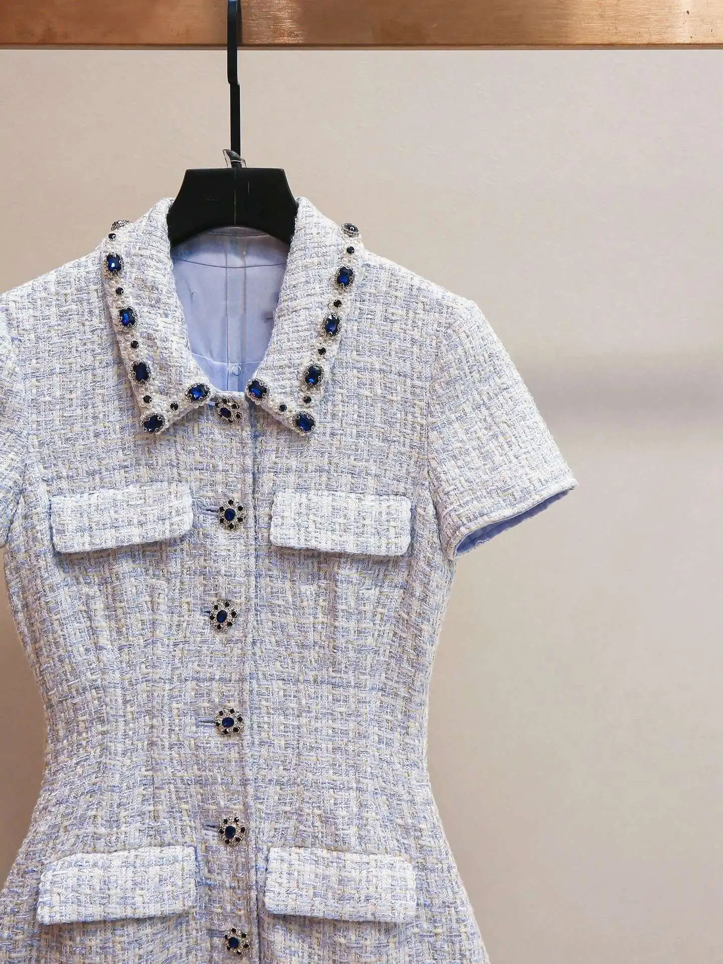 Summer Autumn Crystal Tweed Short Dress Shirt Women Sleeveless Beaded Diamonds Single Breasted Evening Party Dresses Lady 250603