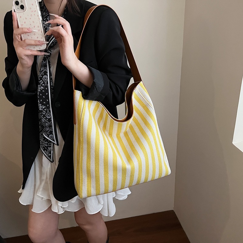 designer Casual Style Canvas Bag for Women Large Capacity Bag 2025 New Summer Striped Color Block Shoulder Tote Handbag
