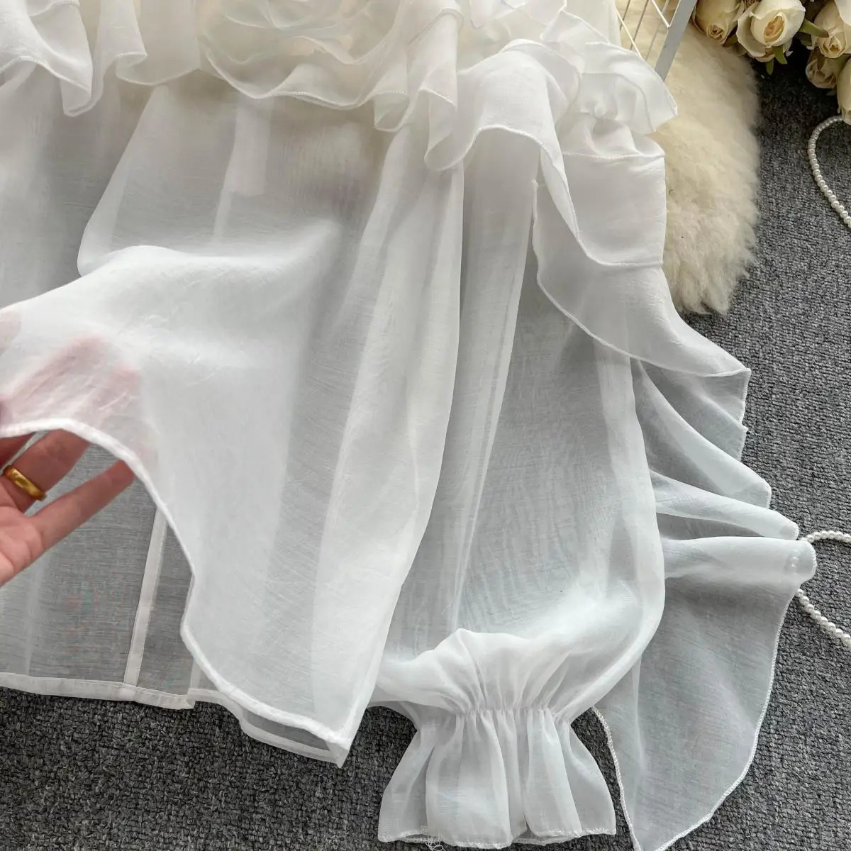 Women Chic Ruffle Pleated Mesh Asymmetric Tank Top Slim Basic Sexy Korean Fashion O Neck Long Sleeve Top Summer Women Blouse 250605